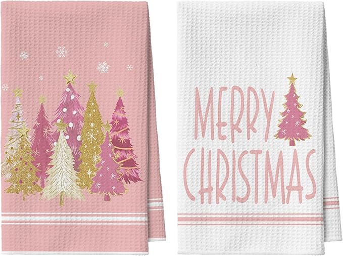 Artoid Mode Pink Star Xmas Tree Merry Christmas Kitchen Towels, 18x26 Inch Quick Dry Microfiber Cloth Dish Towels for Kitchen Drying Set of 2