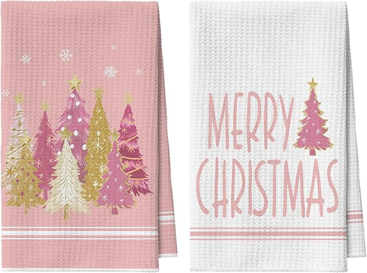 Artoid Mode Pink Star Xmas Tree Merry Christmas Kitchen Towels, 18x26 Inch Quick Dry Microfiber Cloth Dish Towels for Kitchen Drying Set of 2