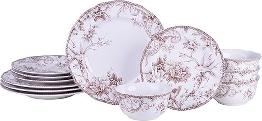 222 Fifth Adelaide Brown on White 12-Piece Dinnerware Set – Service for 4, Plate & Bowl Set,Durable Porcelain, Dishwasher Safe, for Everyday Dining & Entertainment