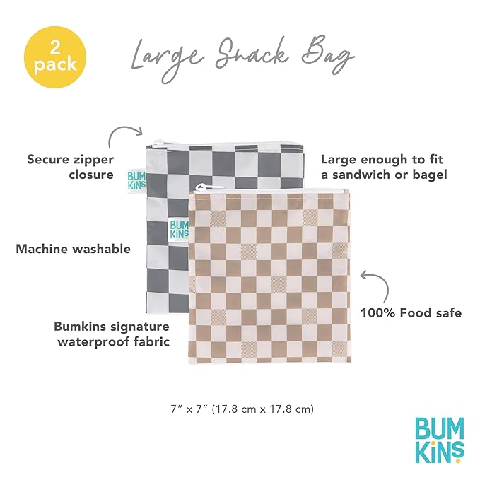 Bumkins Reusable Sandwich and Snack Bags, for Kids School Lunch and for Adults Portion, Washable Fabric, Waterproof Cloth Zip Bag, Travel Pouch, Food-Safe, Large 2-pk Check