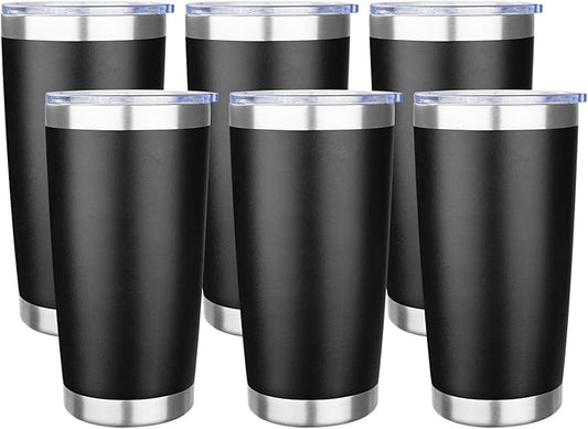 20oz Tumbler with Lid Stainless Steel Insulated Tumblers Travel Coffee Tumbler Bulk Double Wall Vacuum Insulated Water Cup Christmas Gifts for Women Men Her Him Home Office (Black, 6pack)