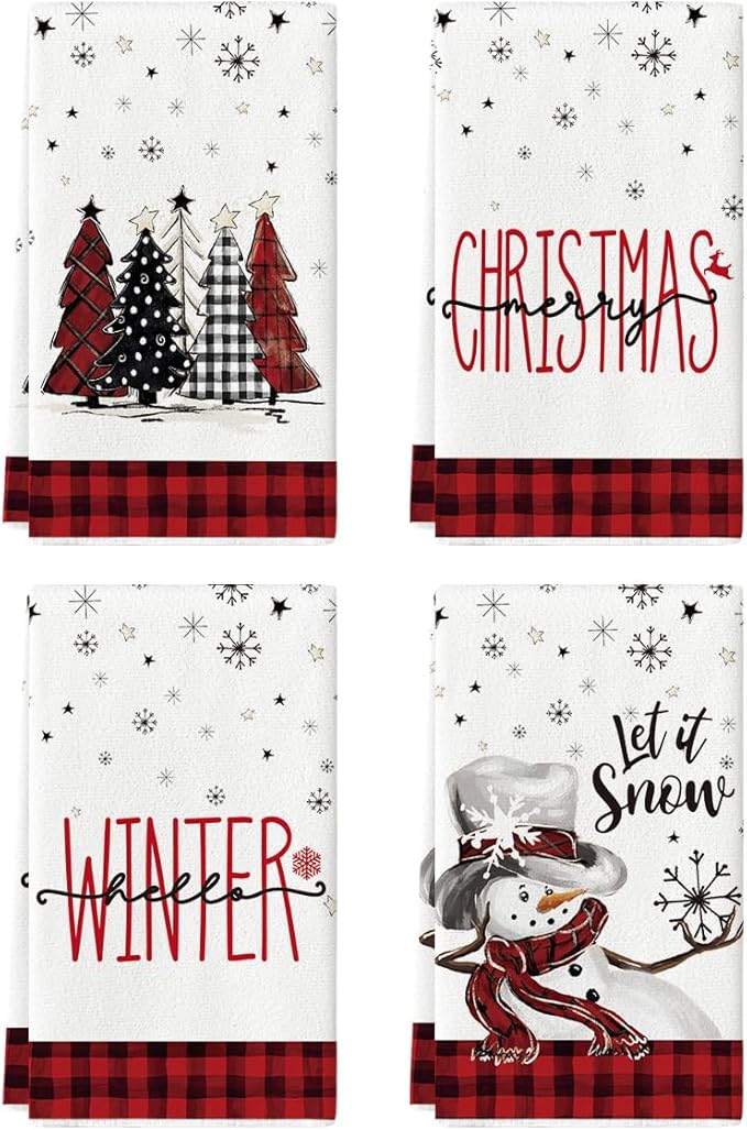 Artoid Mode Red Black Buffalo Plaid Snowman Xmas Trees Christmas Kitchen Towels Dish Towels, 18x26 Inch Daily Seasonal Winter Decoration Hand Towels Set of 4