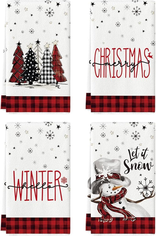 Artoid Mode Red Black Buffalo Plaid Snowman Xmas Trees Christmas Kitchen Towels Dish Towels, 18x26 Inch Daily Seasonal Winter Decoration Hand Towels Set of 4