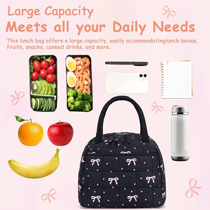 BTOOP Lunch Box for Women Men Cute Corduroy Lunch Bags Large Capacity Insulated Lunch Tote Bag For Work Travel Or Picnic (Pink Bow)