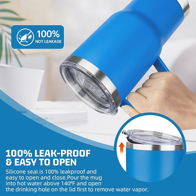 20 oz Tumbler with Handle Stainless Steel Insulated Coffee Mug Tumbler with Lid and Straw Double Wall Vacuum Insulated Coffee Mug Leak Proof Travel Mug Tumbler for Hot and Cold Drink (Sea Blue,4pack)