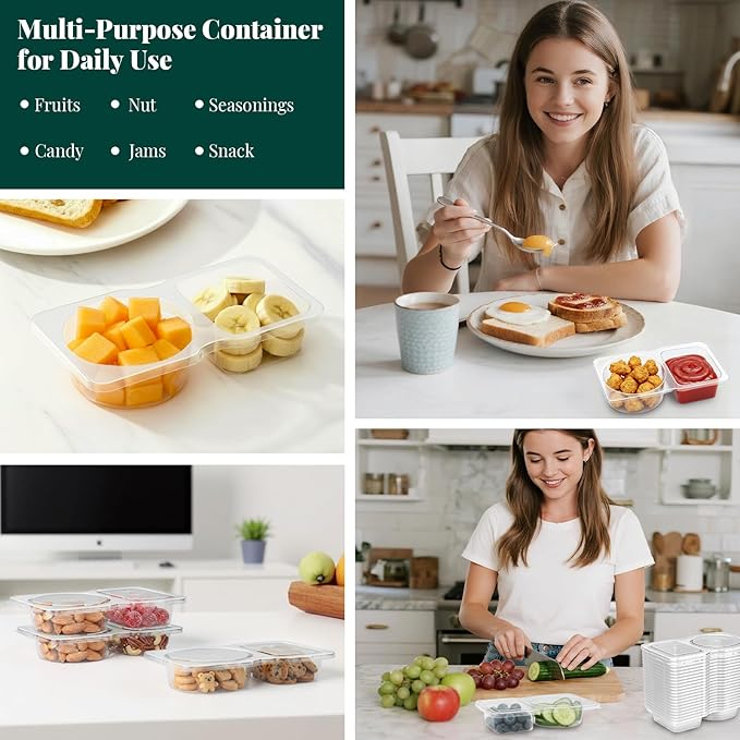 QCQHDU Snack Containers with Lids, 4.4 oz Small Plastic Snack Boxes 2 Compartments for Portion Control and Meal Prep Lunch Food Sauce Containers for On-the-Go Meal, Camping, Travel, Office, 10 Sets