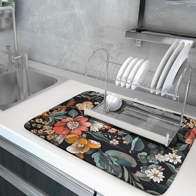 Vintage Floral Dish Drying Mat 18x24 inch Boho Flower Drainer Mats Fast Dry Absorbent Washable Dish Rack Pad Protector Kitchen Accessories