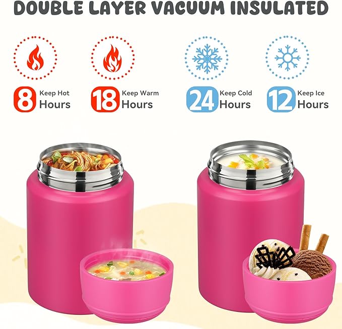 17oz Soup Thermo for Hot Food Kids Insulated Food Jar,Thermo Hot Food Lunch Container, Width Mouth Stainless Steel Lunch Box for Kids with Handle Folding Spoon(Rose Red-Pure)
