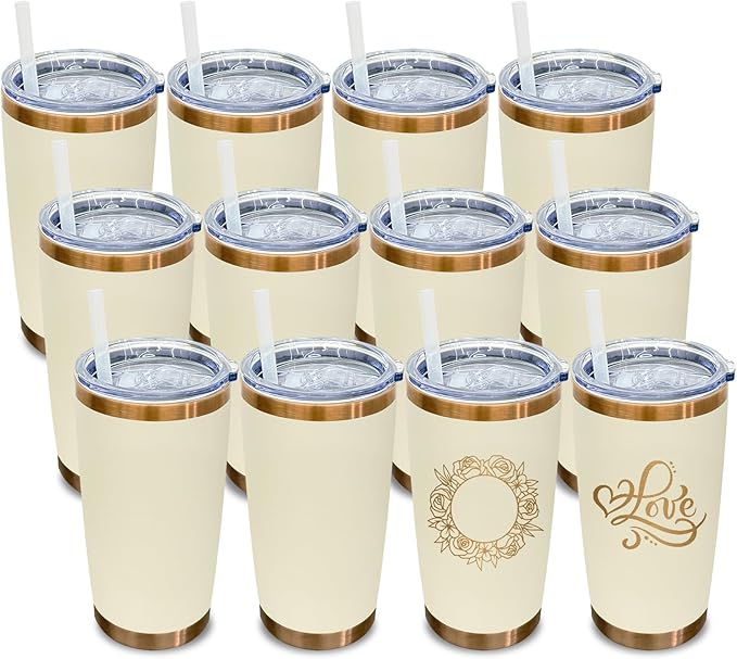 20 oz Tumbler Bulk 12 Pack Stainless Steel Tumbler with Lid and Straw, Double Wall Vacuum Insulated Travel Coffee Mug for Laser Engrave, Powder Coated Cup for Hot and Cold Drinks (Cream,12 pack)
