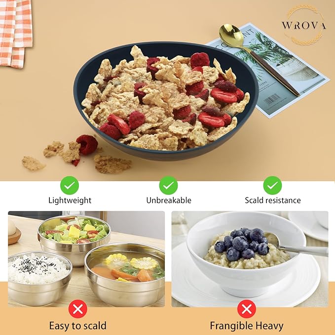 Wrova 65oz Big Wheat Straw Bowls - Large Salad Bowls set of 6 - Unbreakable Serving Bowls - Microwave & Dishwasher Safe - Oval Bowls for Cereal,Salad,Fruit - Pure Black