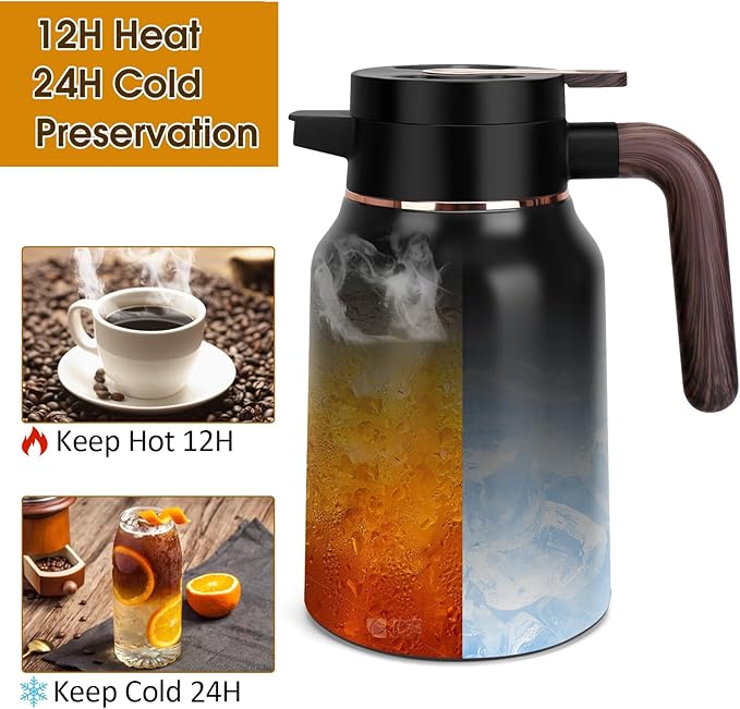 51oz Thermal Coffee Carafe, Stainless Steel Carafes for Hot Liquids 12 Hours, Insulated Coffee Carafes For Keeping Hot Coffee, Hot Water, Tea, Hot Beverage (Black)