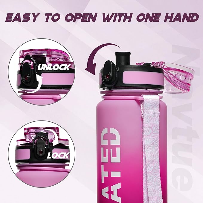 Water Bottle, 32oz Sports Water Bottles with Time Marker Wide Mouth, Motivational and Leakproof Drink Bottle, BPA Free Tritan with Carry Strap for Gym Fitness Outdoor (Direct Drink 1 Bottle)