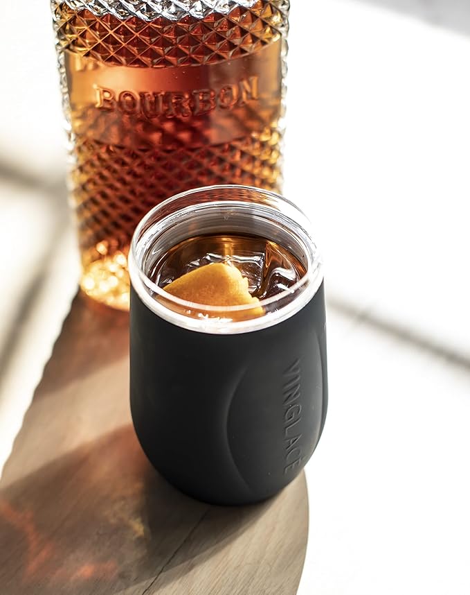 Vinglacé Stainless Steel Stemless Wine Glass- Insulated Wine Tumbler with Glass Insert and Sip Lid, 10 oz, Black