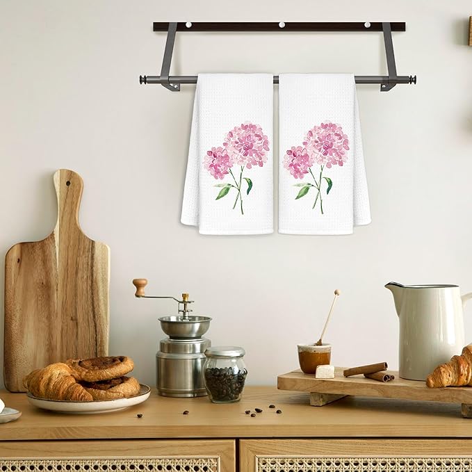 Pink Hydrangea Flowers Floral Kitchen Towels Set of 2 - Flowers Decorative Hand Towels for Bathroom, Pink Hydrangea Decor Dish Towels for Kitchen, Floral Hand Towels, 16x24