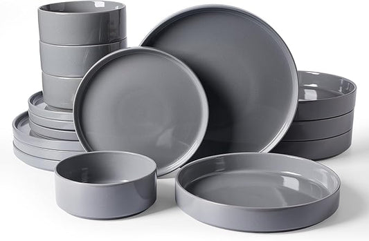 Famiware Nebula Dinnerware Set with Pasta Bowls, Service for 4 (16pcs), Fine Stoneware Plates and Bowls Sets, Microwave and Dishwasher Safe Dishes Set, Dark Gray