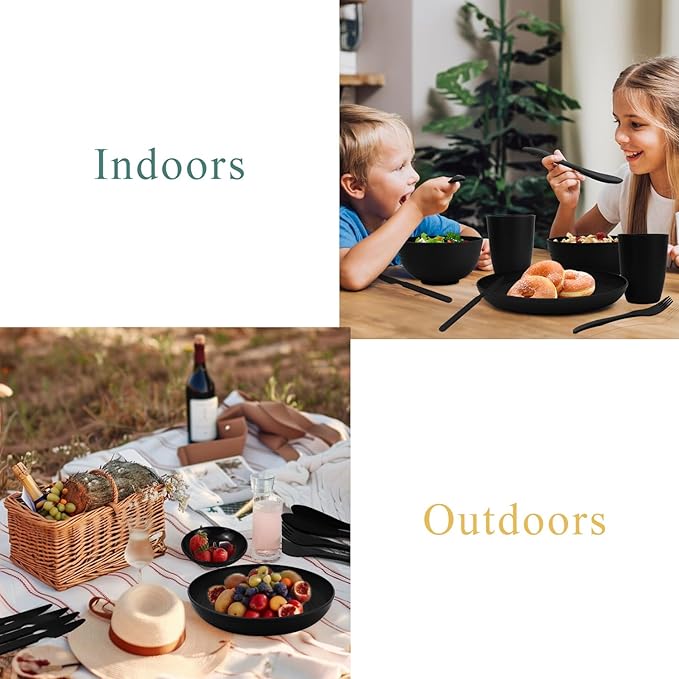 Wrova Wheat straw dinnerware set of 28 - Bowls and Plates Set for Dorm - Microwave and Dishwasher safe dish sets for kitchen,camping,indoors and out doors.Black