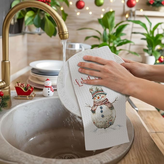 Chinoiserie Winter Snowman Kitchen Towels, Vintage Christmas Dish Towels Drying Cloth for Kitchen, Let It Snow Shabby Chic Xmas Snowman Decorative Hand Towel for Bathroom, 16x24 Inch