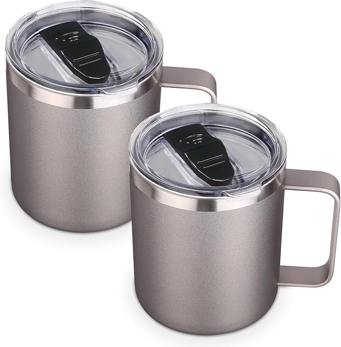 Volhoply 14oz Insulated Stainless Steel Coffee Mug with Lid Bulk 2 Pack,Double Wall Vacuum Travel Coffee Cup with Handle,Reusable Metal Cups Tumbler,Camping Mugs Keep Hot,Ideal Gifts(Gray,2 Set)