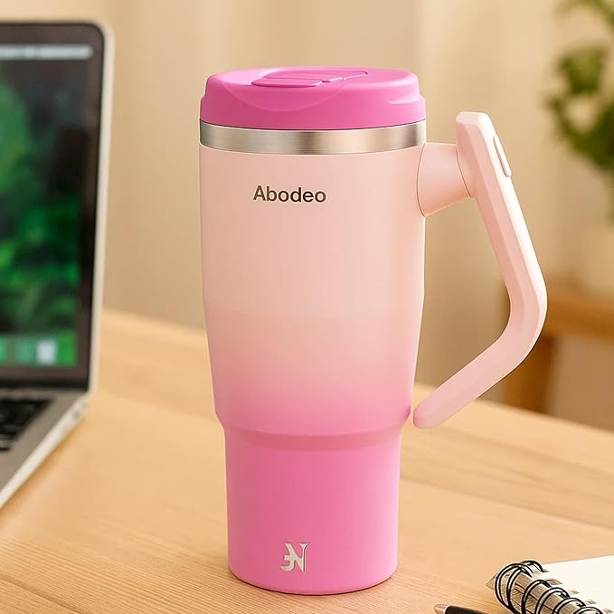 40 oz Tumbler with Straw and Leakproof Lid | Insulated Stainless Steel Tumbler | Travel Coffee Mug with Rotatable Handle | Fits Most Car Cup Holders (Dark & Light Pink)