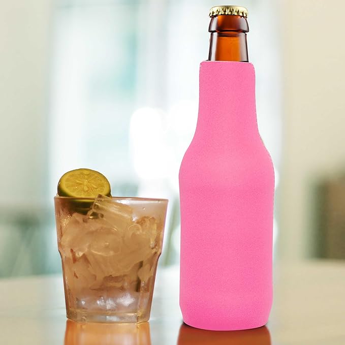 10 Neoprene Zippered Beer Bottle Coolies Pack - Sharkskin Rubber Bottom - Neon Pink