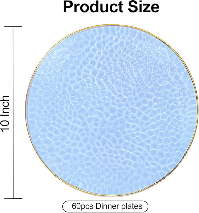 Rubtlamp 60 Pieces Blue Gold Plastic Plates - 10 inch Blue Plastic Dinner Plates - Hammer Pattern Design - Fancy Clear and Gold Disposable Plates Ideal for Wedding & Party