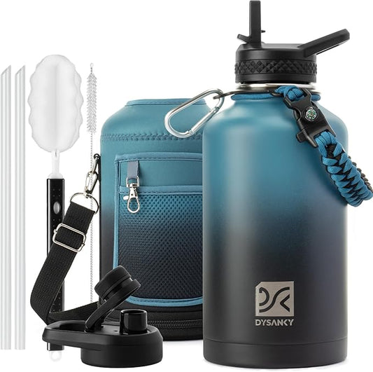 64 oz Insulated Water Bottle | Upgraded Thickened Stainless Steel Water Jug for Gym and Hiking with Straw, Carrier Bag, Handle Strap | BPA-Free 64 oz