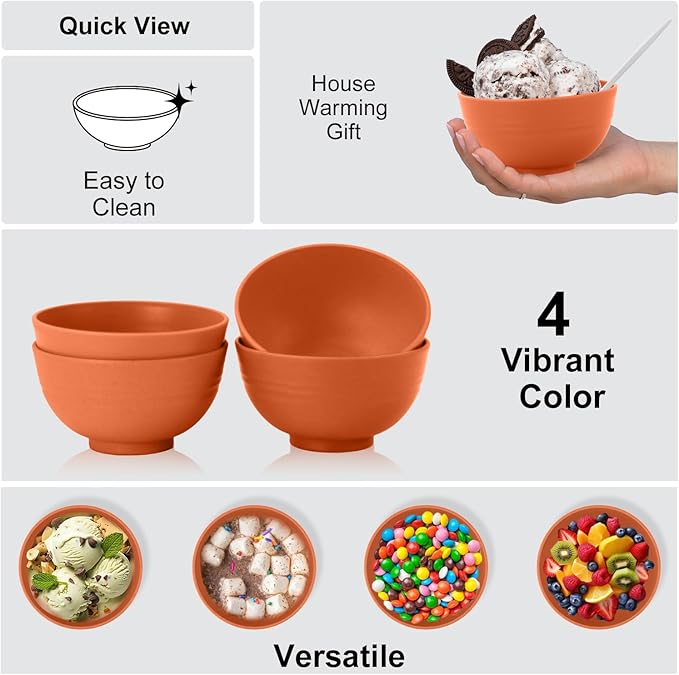 Wrova wheat straw small bowls 10oz set of 8 - Unbreakable Dessert Bowls - Mini Bowl Sets for Ice Cream,Snack and Fruits - Microwave & Dishwasher Safe Appetizer Bowls. Orange