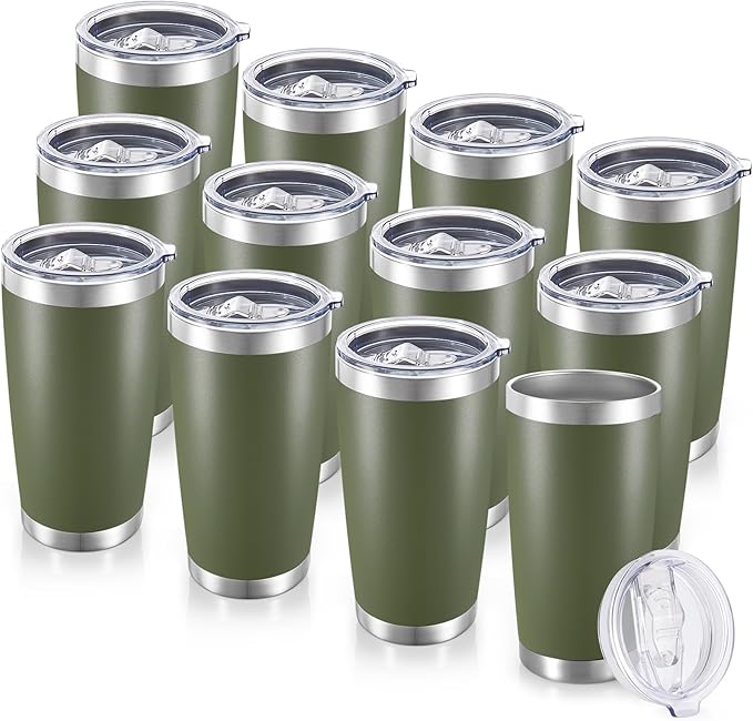 20 oz Tumblers Bulk Stainless Steel Tumbler with Lid Double Wall Vacuum Insulated Coffee Mug 20oz Powder Coated Cup for Hot and Cold Drinks, Army Green, 12 pack
