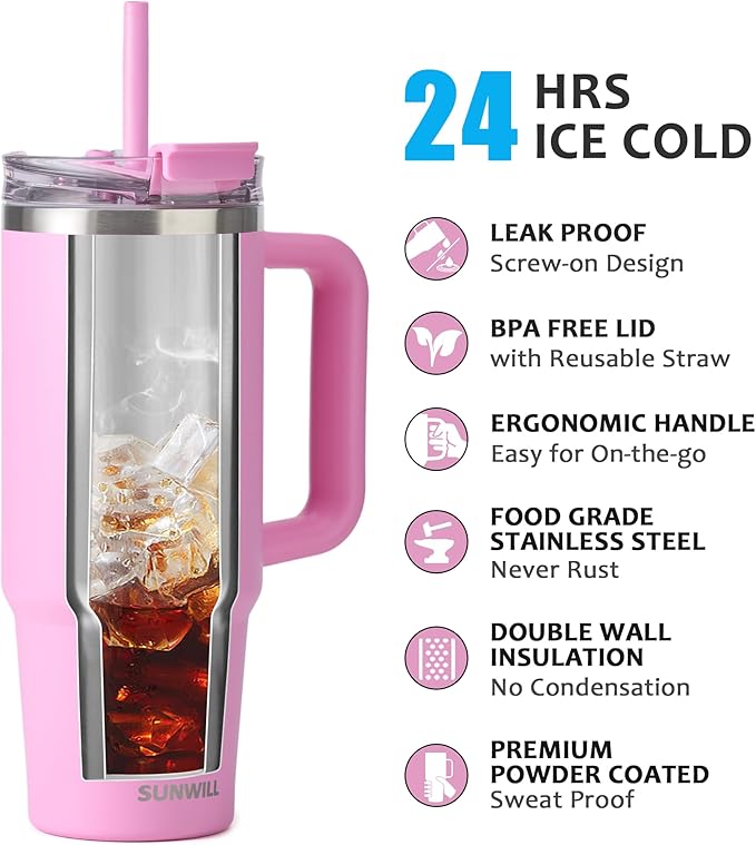 SUNWILL Coffee Tumbler with Handle, 30 oz Travel Mug with Lid and Straw Insulated, Stainless Steel Cup Leak Proof for Travel & Outdoor, Cupholder Friendly, Powder Coated Pink
