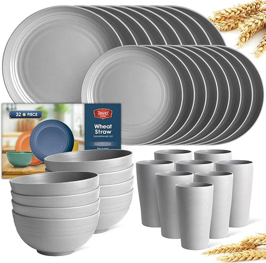 Teivio 32-Piece Kitchen Plastic Wheat Straw Dinnerware Set, Service for 8, Dinner Plates, Dessert Plate, Cereal Bowls, Cups, Unbreakable Colorful Plastic Outdoor Camping Dishes, Light Gray