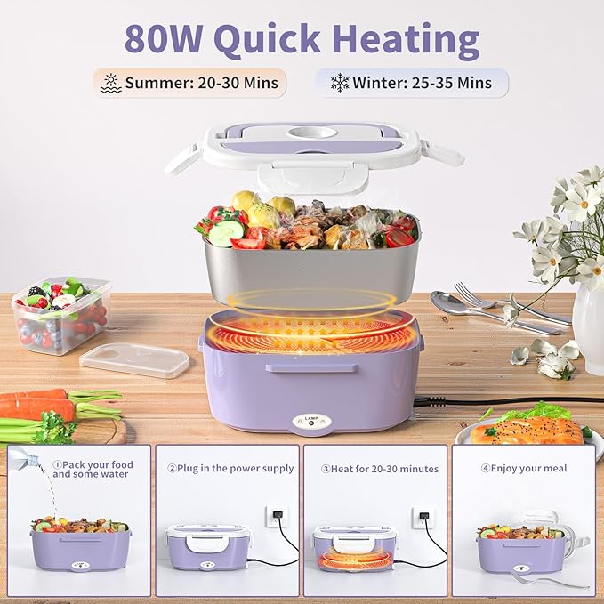 Vingud Electric Lunch Box for Adults, 80W Heated Lunch Box with 2 Stainless Steel Container, 1.5L Portable Food Warmer Lunch Boxes for Work Men Car Truck, 110V/12V/24V/240V (Light Purple)