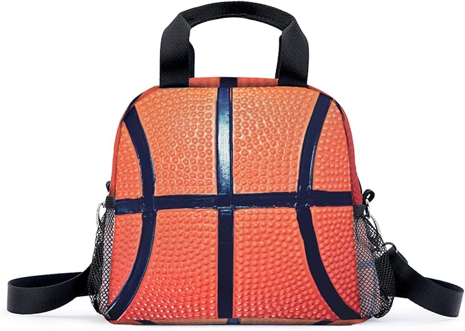 Basketball Lunch Bag for Women Men Cute Large Capacity Thermal Lunch Tote Reusable Washable with Adjustable Shoulder Strap and Dual Large Mesh Side Pockets