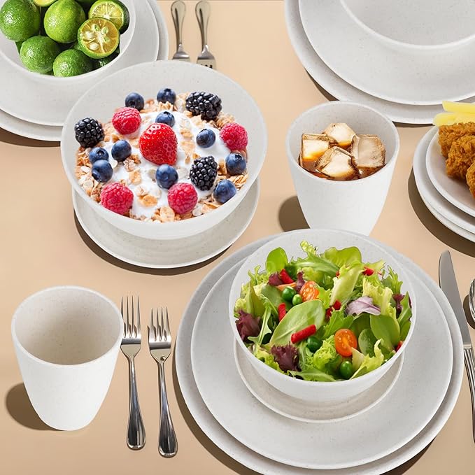 Wrova Wheat straw bowl and plate sets of 40 with cups for kids - Unbreakable plastic dinnerware sets service for 8 - Microwave and Dishwasher safe dish sets for kitchen and camping. White