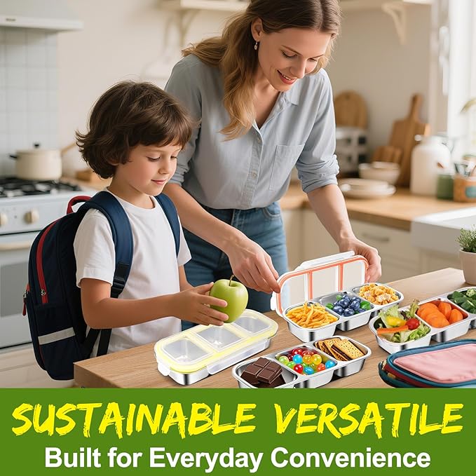 2 Pack Stainless Steel Snack Containers with Lids - Reusable 3 Compartment Snackle Box Container Divide Wet Dry Leakproof Metal Food Storage Containers for School, Home, Travel (Yellow + Orange)