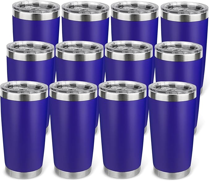 20oz Stainless Steel Tumbler Bulk with Lid, Travel Mug - Double Wall Vacuum Powder Coated Cup - Dark Blue, 12 Pack