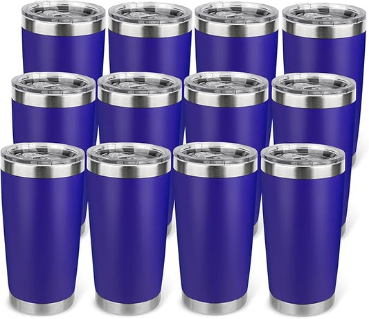 20oz Stainless Steel Tumbler Bulk with Lid, Travel Mug - Double Wall Vacuum Powder Coated Cup - Dark Blue, 12 Pack