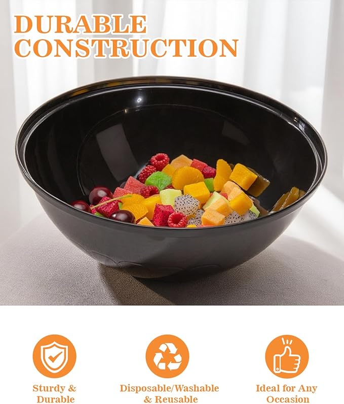 BESTVIP 150oz 4 Pack Black Plastic Serving Bowls for Party, Disposable 11.6" Large Salads Container for Snacks, Chips, Meal Prep, Stackable Candy Dishes for Halloween, Christmas, Holiday, Reusable
