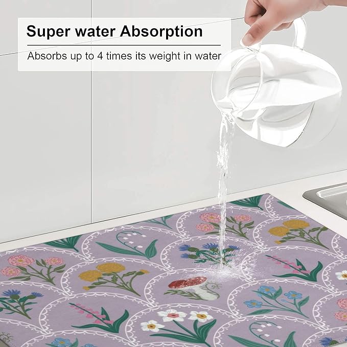 Vintage Flowers Dish Drying Mat 18x24 Inch, Microfiber Absorbent Fast Dry Mat Mushroom Floral Large Dish Mat Drying Kitchen Mat, Kitchen Drying Pad for Kitchen Counter Coffee Bar Decor Gifts