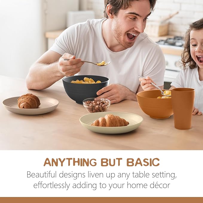 Teivio 32-Piece Kitchen Plastic Wheat Straw Dinnerware Set, Service for 8, Unbreakable Plates, Bowls and Cups Set, Farmhouse Outdoor Camping Dishes for Rustic Life/Country/Vintage, Saddle Ombre