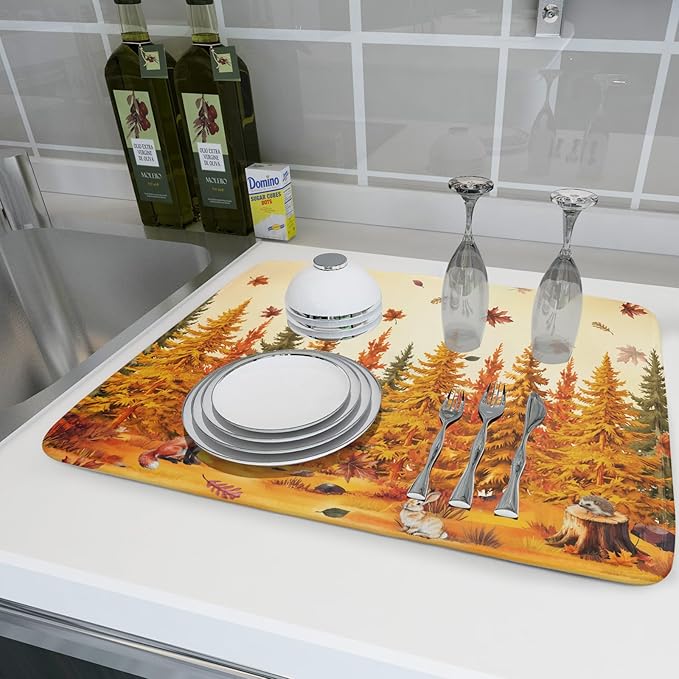 Autumn Forest Dish Drying Mat - Welcome Fall Fox Drying Pad for Counter Wildlife Dish Drainer Mat Cabin Animal Kitchen Accessories 18 X 24 Inch