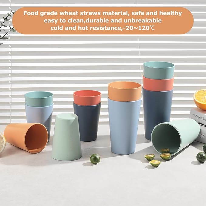 Set of 12 Wheat Straw Cups, 6 Pcs 20 oz & 6 Pcs 12 oz Unbreakable Drinking Cups, Reusable Plastic Cups Sets, Water Glasses Tumblers, Microwave & Dishwasher Safe, Bpa Free, 6 Colors