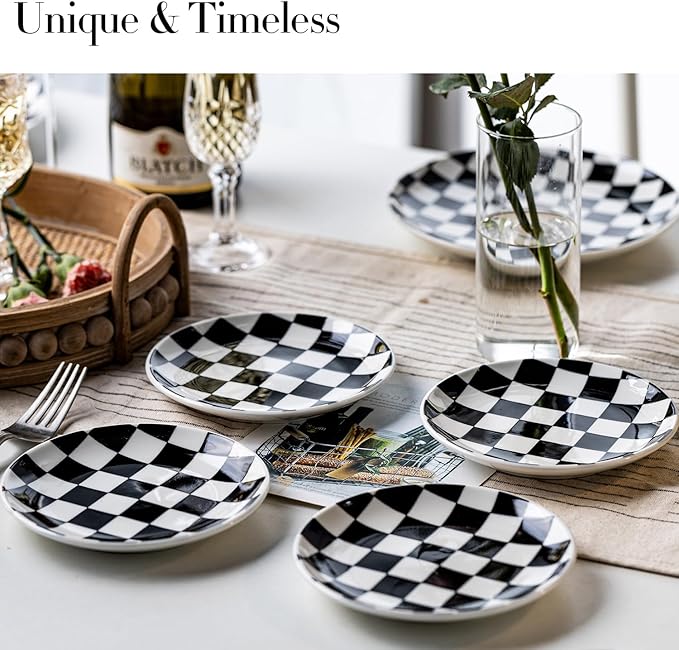 Black and White Checkered Small Dessert Plates Set of 6-6 Inch Ceramic Plates, Microwave & Dishwasher Safe, Minimalist Decorative Platters for Desserts