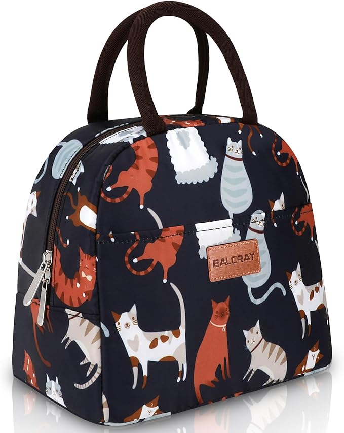 BALORAY Lunch Bag for Women Men Cute Reusable Insulated Lunch Box Large Capacity Lunch Tote Bag for Work, Picnic or Travel(Dark Blue With Cat)