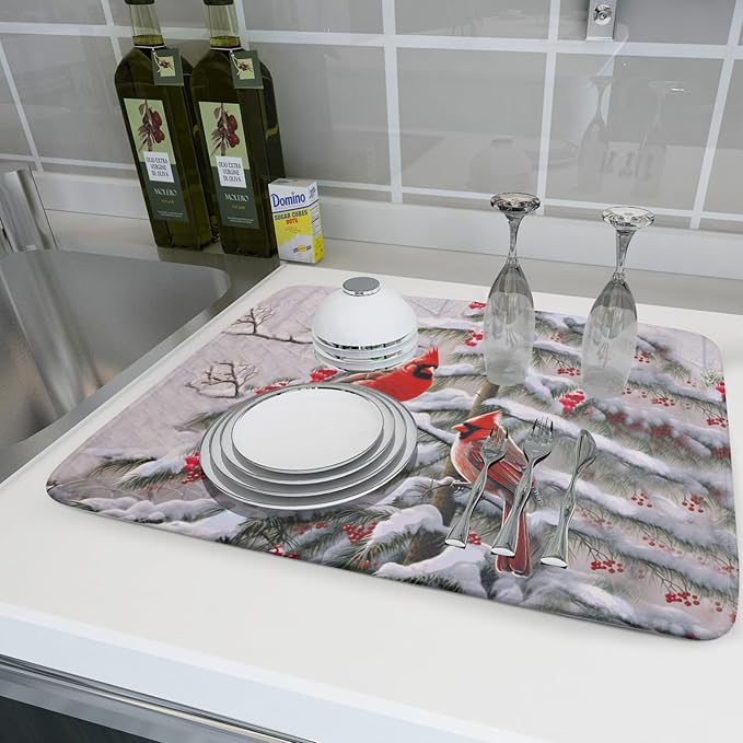 Red Birds Dish Drying Mat Winter Berry Dish Drainer Mats Absorbent Reversible Microfiber Kitchen Countertop Protector Dishes Pad 18x24 inch