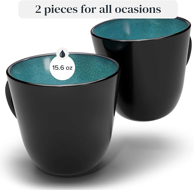 Stoneware coffee mugs set 2 pcs – 14.5 oz petrol blue ceramic mugs – Dishwasher and microwave safe – Stylish coffee cup set – Dinner service
