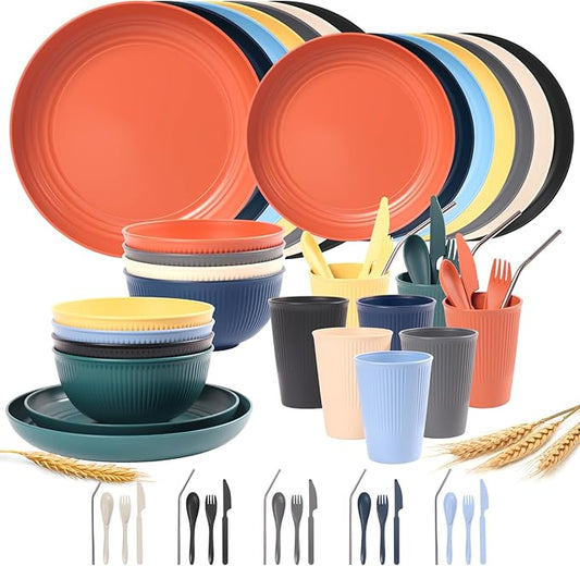64PCS Wheat Straw Dinnerware Set for 8 BPA Free Kitchen Unbreakable Set for Home Outdoor Camping