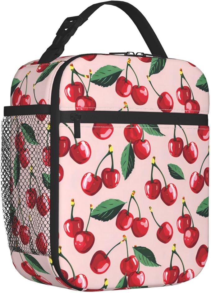 Reusable Cherry Lunch Box for Kids Girls Boys Women Adult, Insulated Cute Lunch Bag,Polyester Cooler Art Handbags Case for School Picnic Work Travel Beach or Hiking (Light Pink)