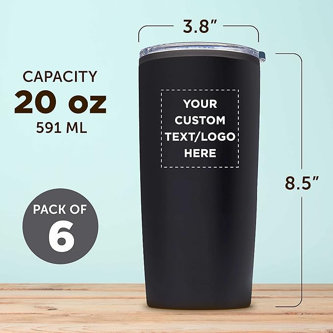 Custom Plastic Tumblers 20 oz. Set of 6, Personalized Bulk Pack - With lids, Ice Coffee Tumbler, To Go Cup, Insulated - Black