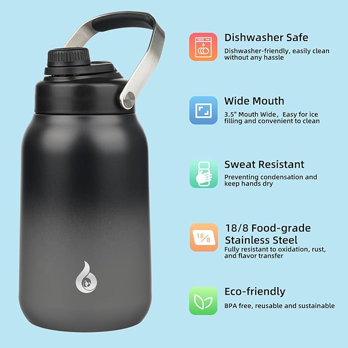 BJPKPK Half Gallon Insulated Water Bottles, 64oz Water Jug with Metal Handle & BPA Free Spout Lid, Dishwasher Safe Thermo, Large Stainless Steel Gym Sport Jugs, Black Grey