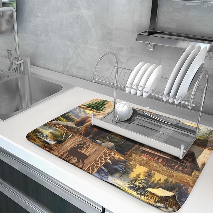 Bear Deer Fox Dish Drying Mat Rustic Cabin Lodge Dish Drainer Mats 18x24 Inch Absorbent Washable Dishes Rack Pad for Sink Kitchen Counter